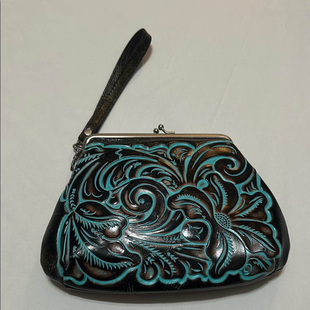 Patricia Nash Elegant Black And Teal Embossed Clutch